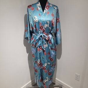 Sioro Women's Silk-Feel Floral Kimono Robe Large Blue Red Loungewear Soft Girl